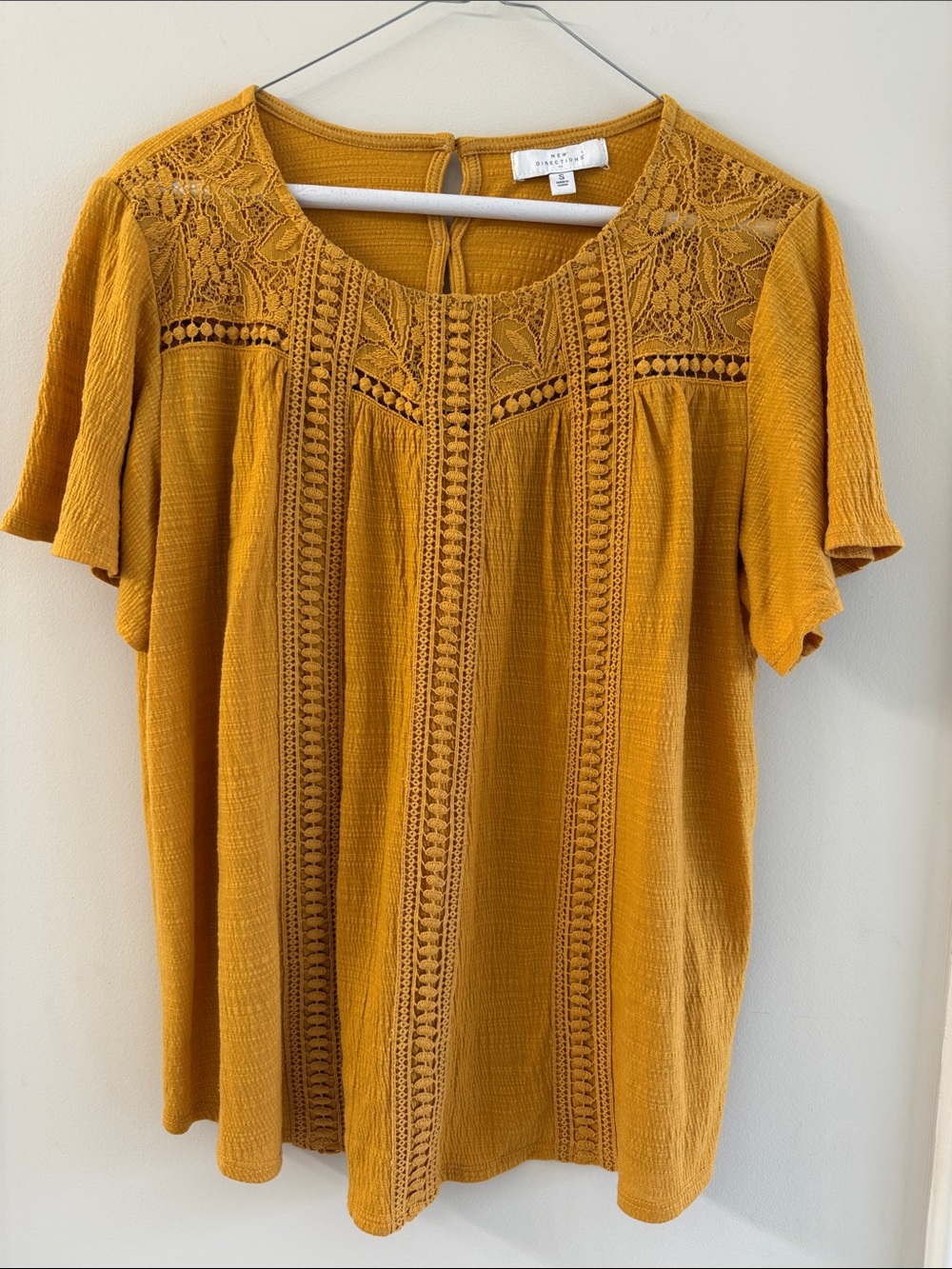 new directions Mustard Crochet-Trim Short Sleeve Top